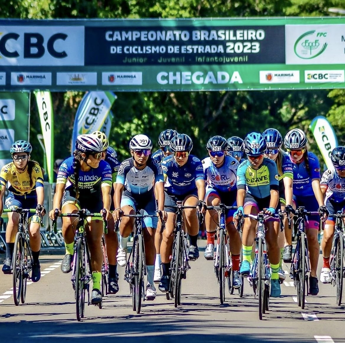 Cyclists in formation at the start of a competition